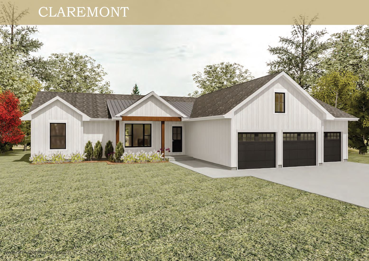 Claremont home with white siding and three garage doors